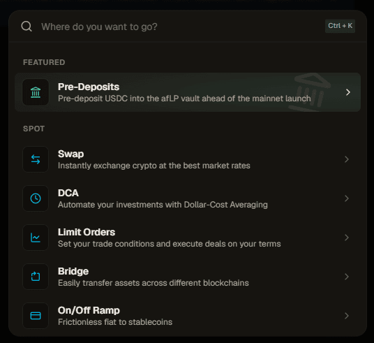 Aftermath command palette: featured pre-deposits alongside swap, DCA, limit orders, bridge, and fiat on/off ramp.