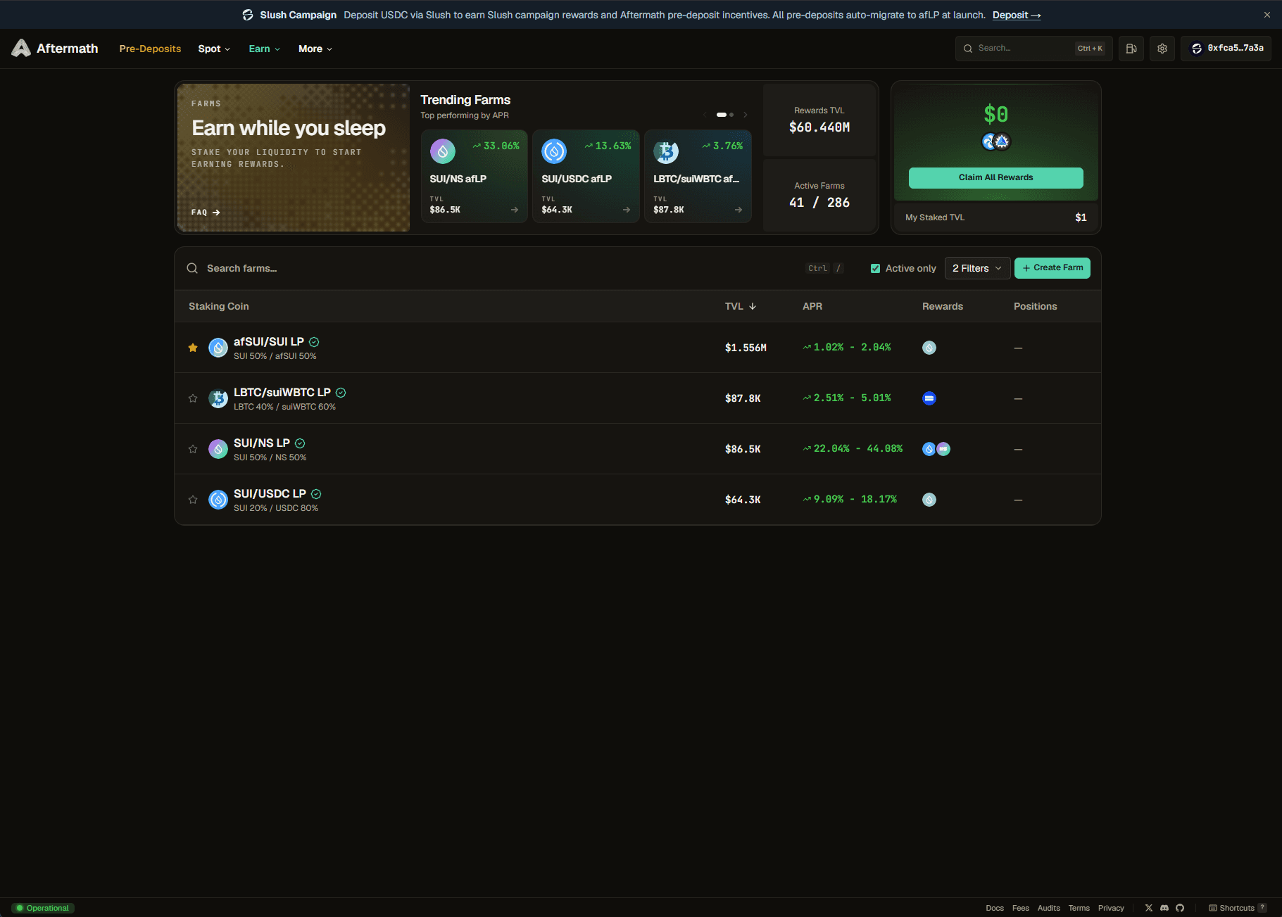 Aftermath earn view: trending farms with APR and rewards, plus a staking table of SUI liquidity pools showing TVL, APR, and open positions.