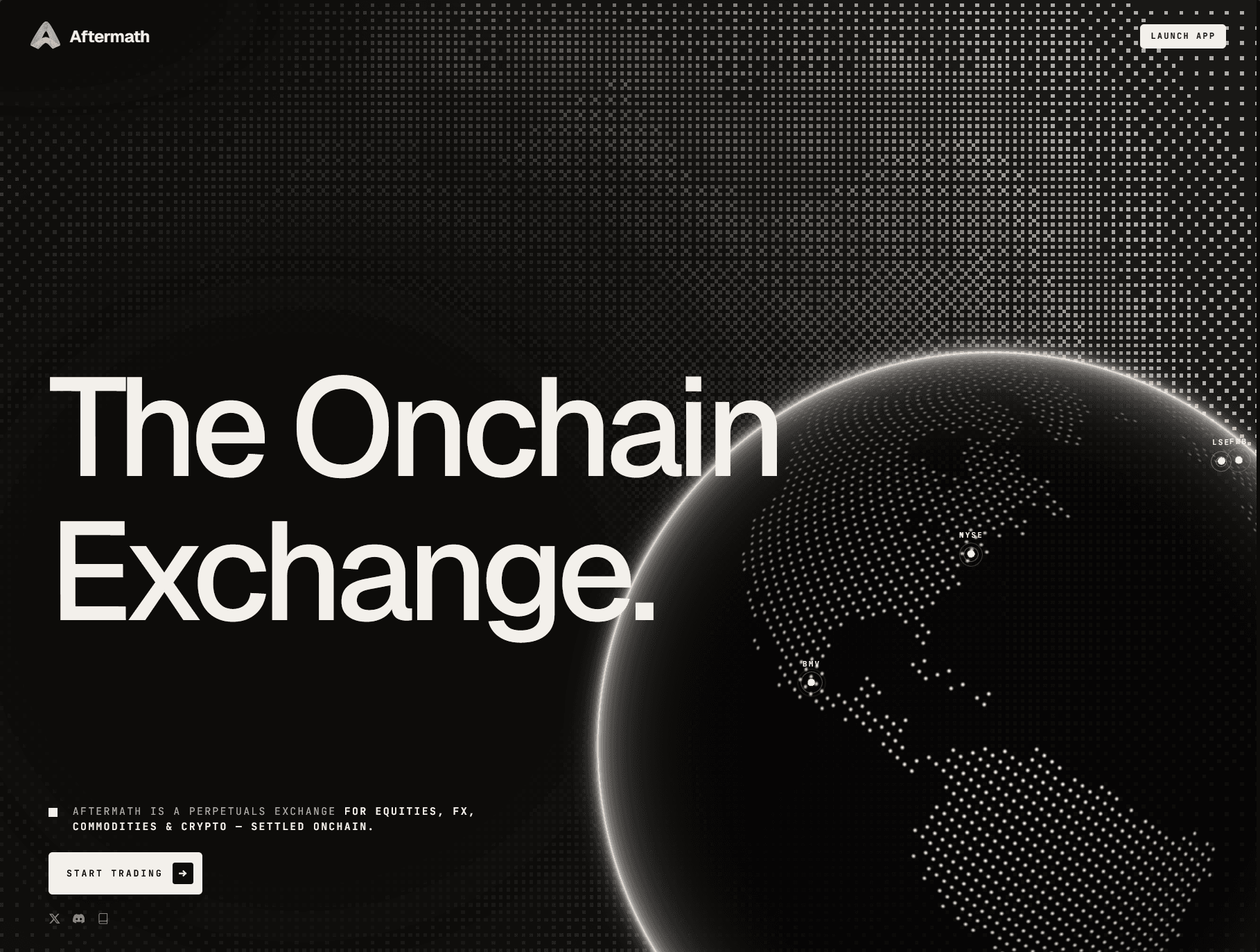 Aftermath marketing landing: "The Onchain Exchange" set over a dithered globe, with a perpetuals positioning line and a start trading call to action.