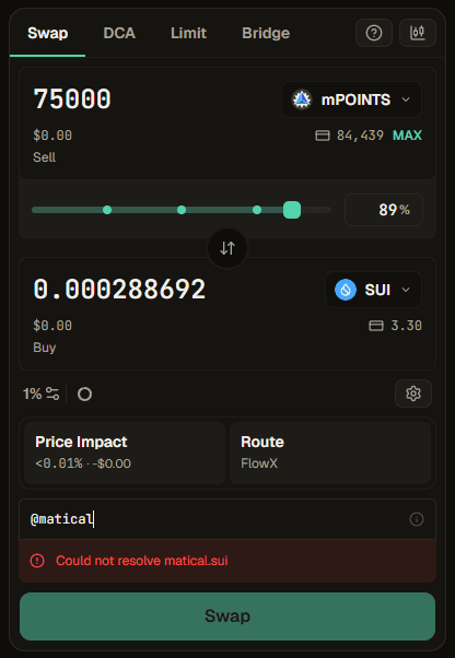 Aftermath swap with price impact, routing, and a SuiNS recipient field in its unresolved error state.