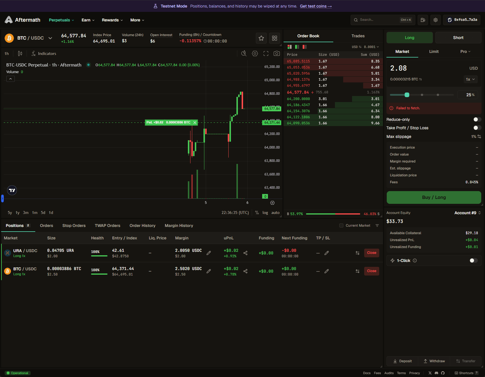 Aftermath perpetuals: BTC/USDC perpetual with live candlestick chart, order book, open positions, and a market order entry panel.