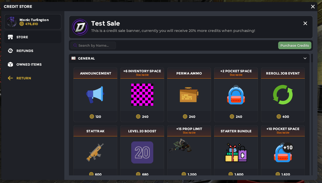 Credit store built with derma/Lua in Garrys Mod — sale banner dynamically rendered via API.