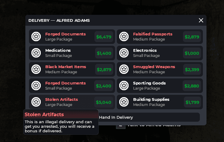 Delivery system in Garrys Mod — illegal deliveries flagged with contextual UI cues.