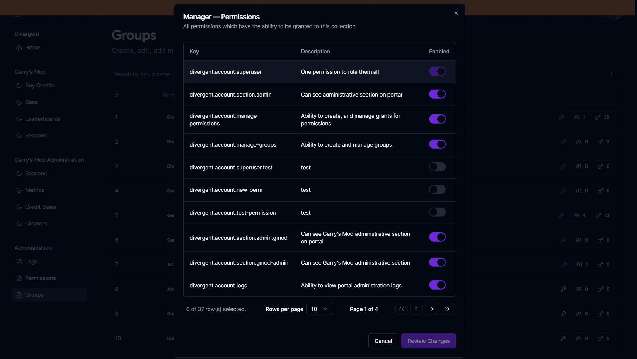 Group permission grants modal: dispatched to game server in real time via Redis pub/sub.