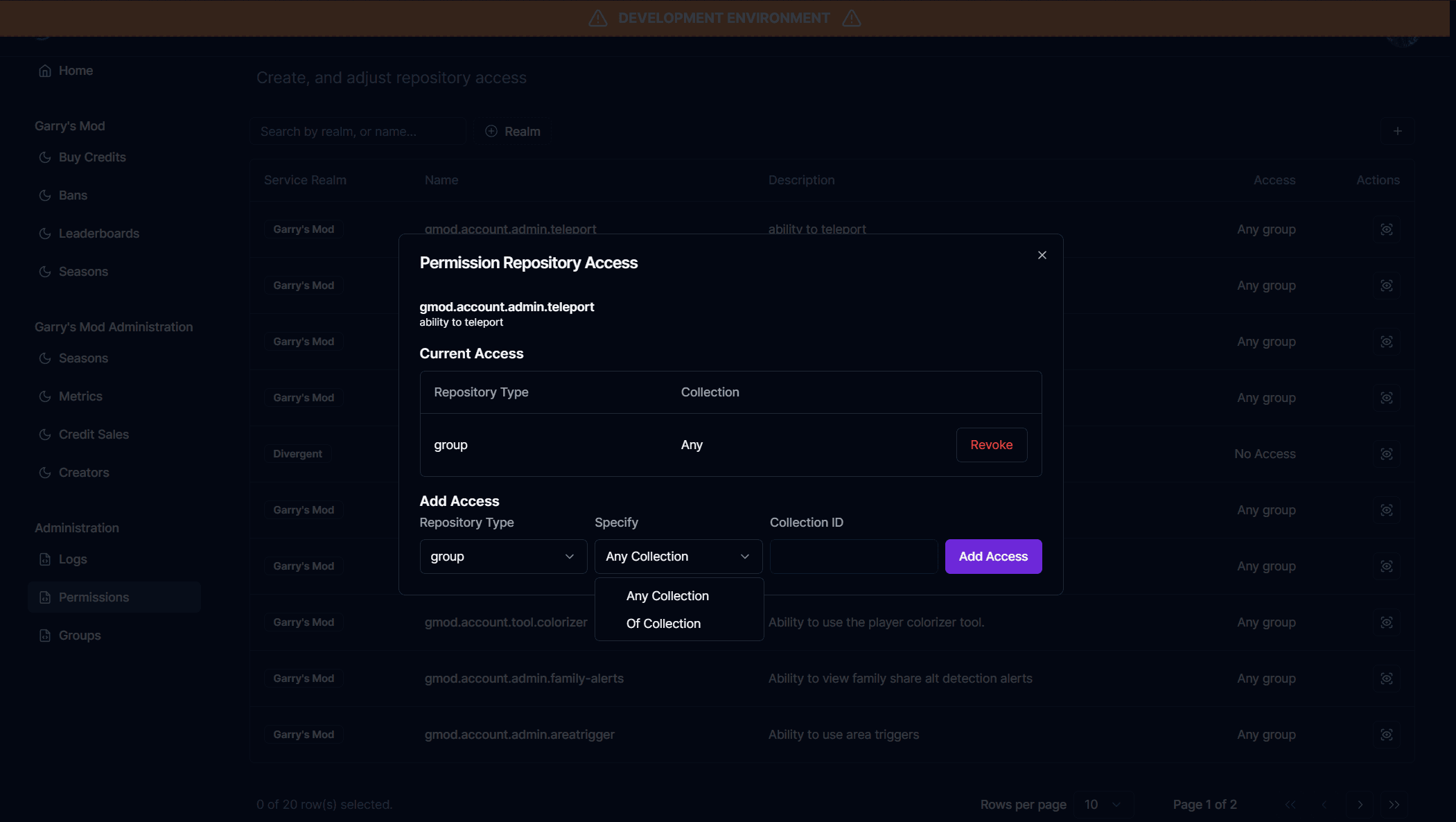 Modal to update permission repository access: any collection or specific collections.