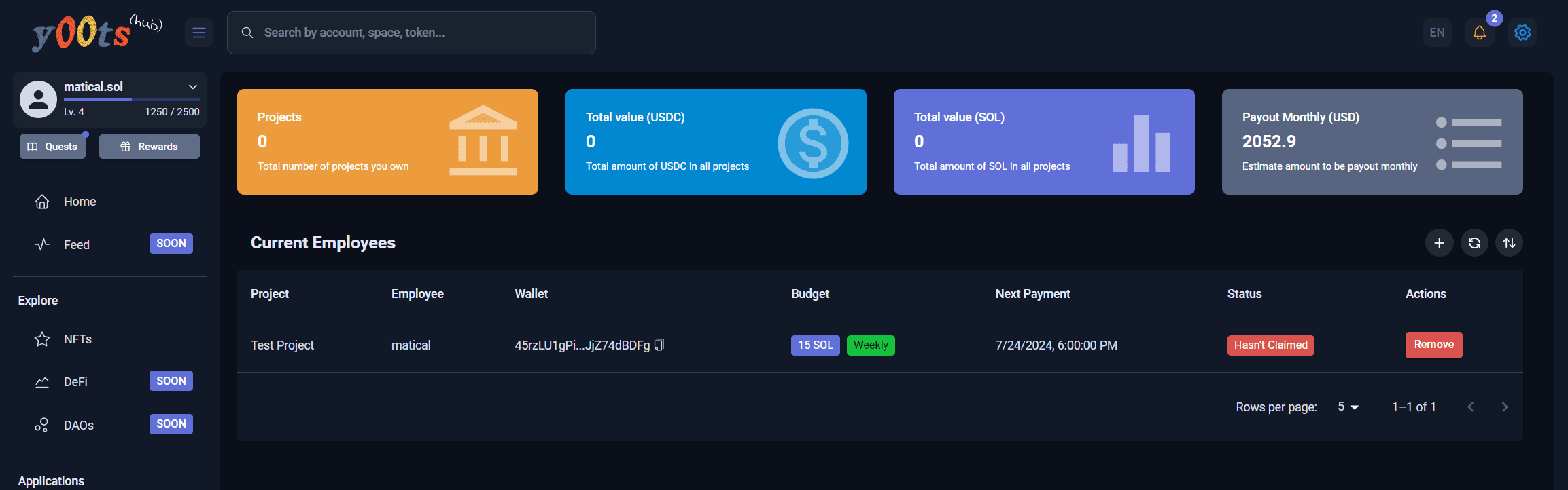 Staff management page for automated payments through managed multisigs.
