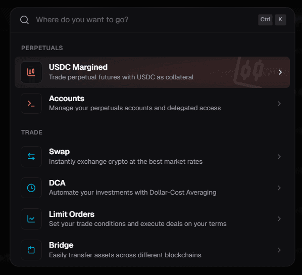 Aftermath Finance command palette — keyboard-driven navigation across perpetuals, swap, DCA, limit orders, and bridge.