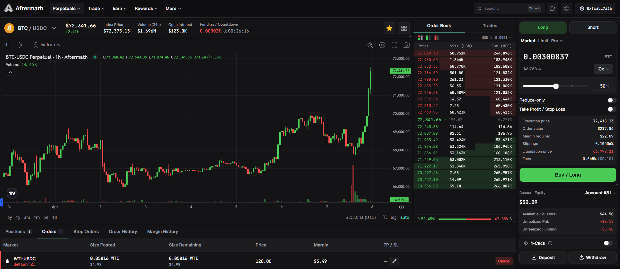 Aftermath Finance perpetuals — improved trading view with live candlestick chart, order book, and position management on SUI.