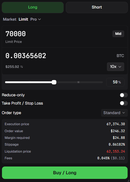 Aftermath Finance limit order panel — long/short toggle, leverage selector, TP/SL, and full order summary.