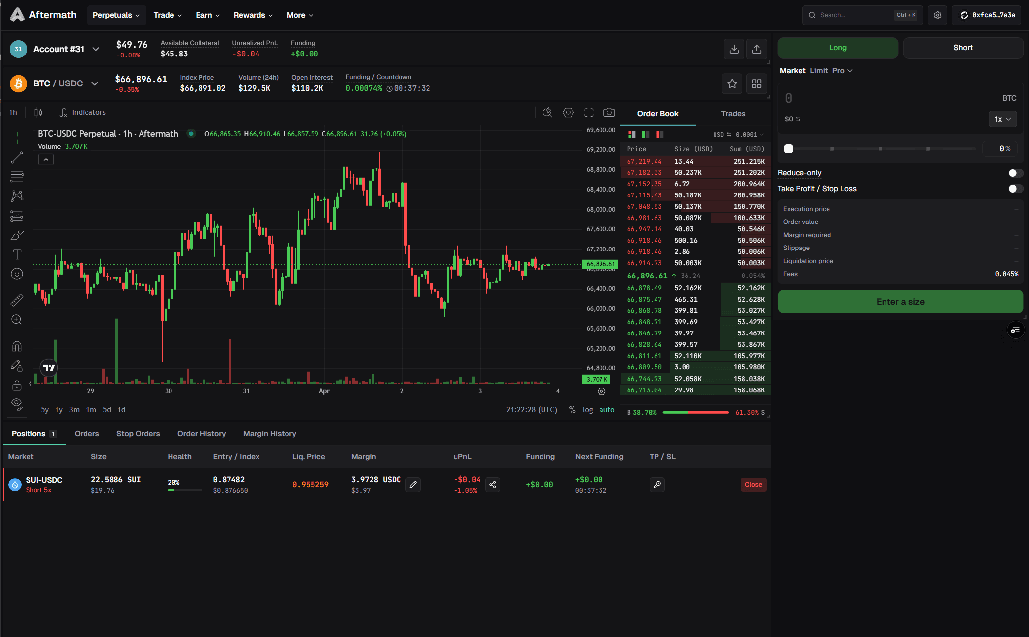 Aftermath Finance perpetuals trading interface with BTC/USDC chart, order book, and open positions on SUI network.