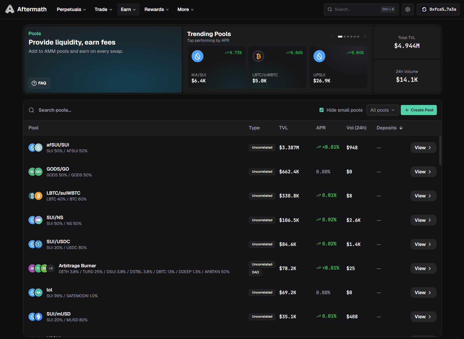 Aftermath Finance liquidity pools — AMM pool listings with TVL, APR, and 24h volume.