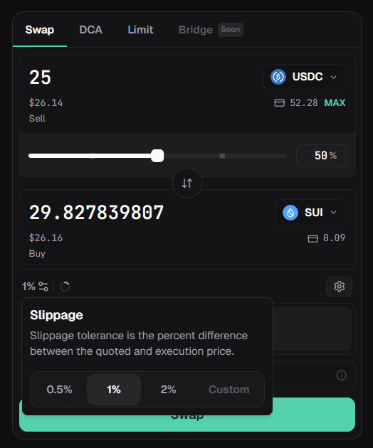 Aftermath Finance swap — slippage tolerance popover with preset and custom options.