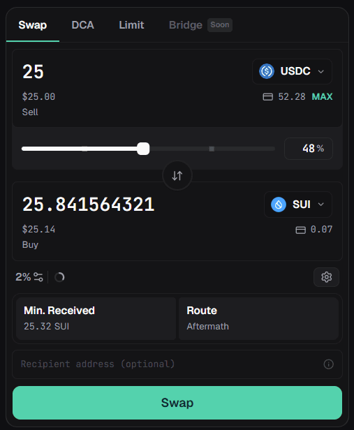 Aftermath Finance swap interface — token pair selection, percentage slider, min received, and route.