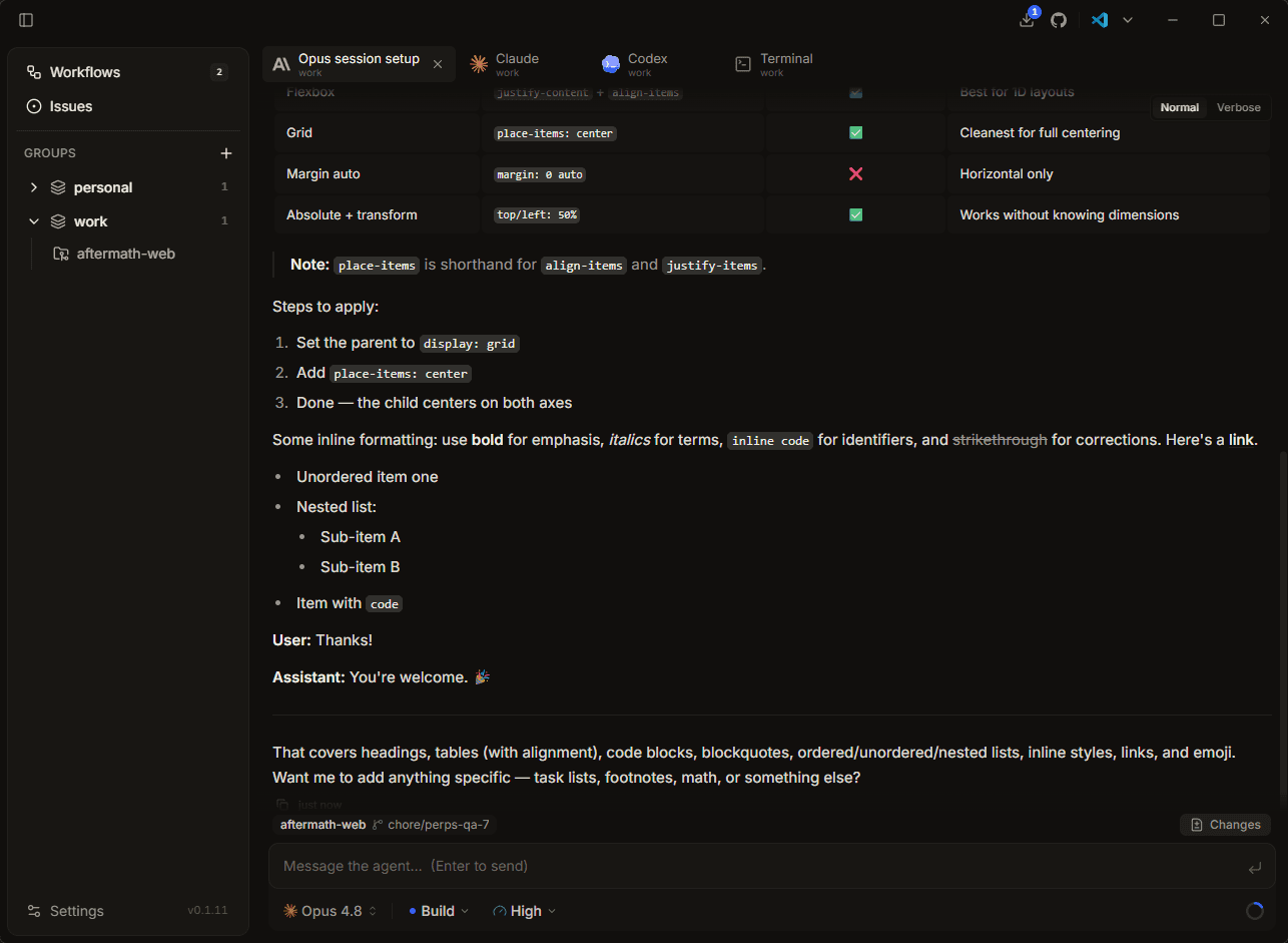 Warden chat pane with a coding agent, showing rendered markdown output and per-session model and effort selectors.