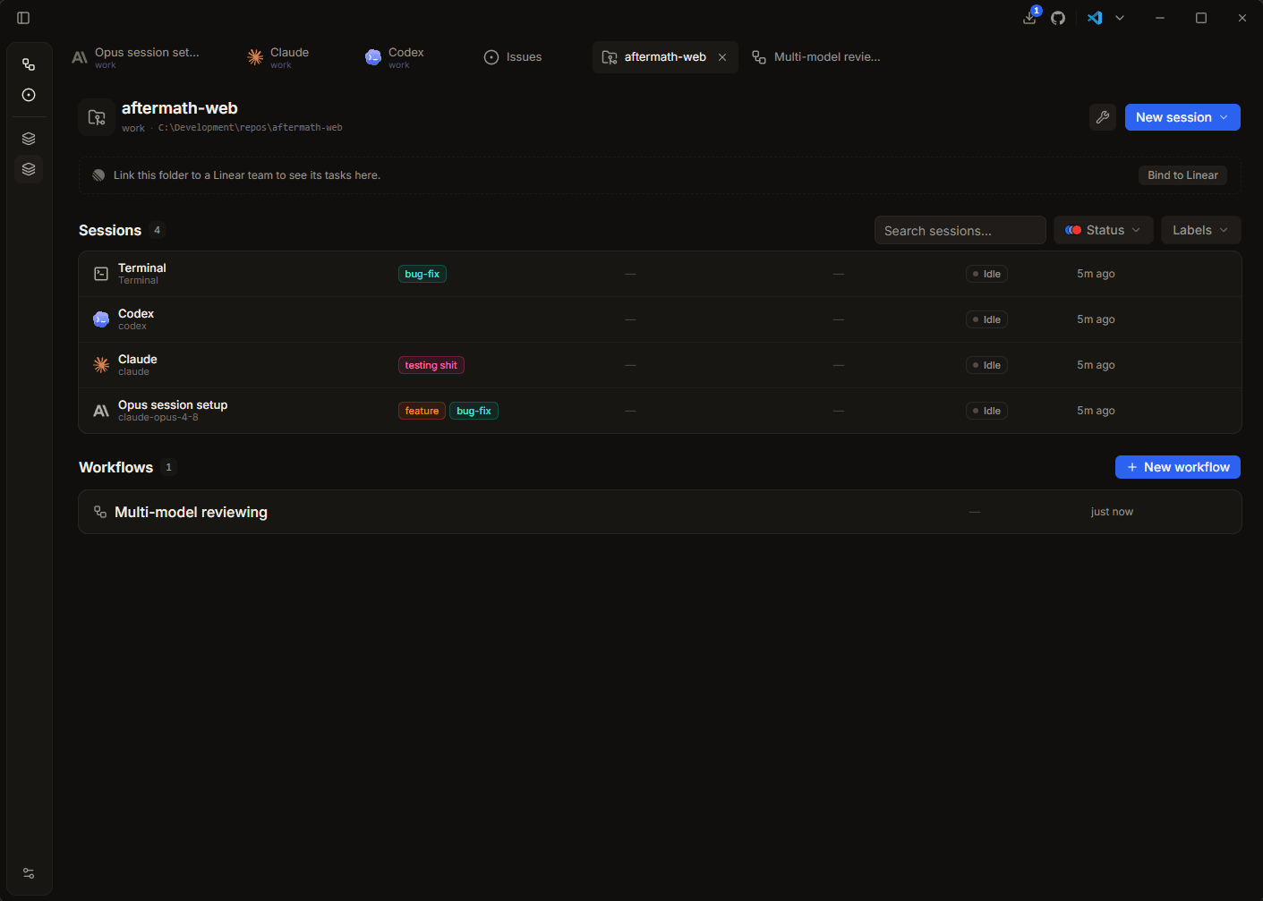 Warden session overview: agent sessions grouped per repository with status, model, and idle time, alongside saved workflows.