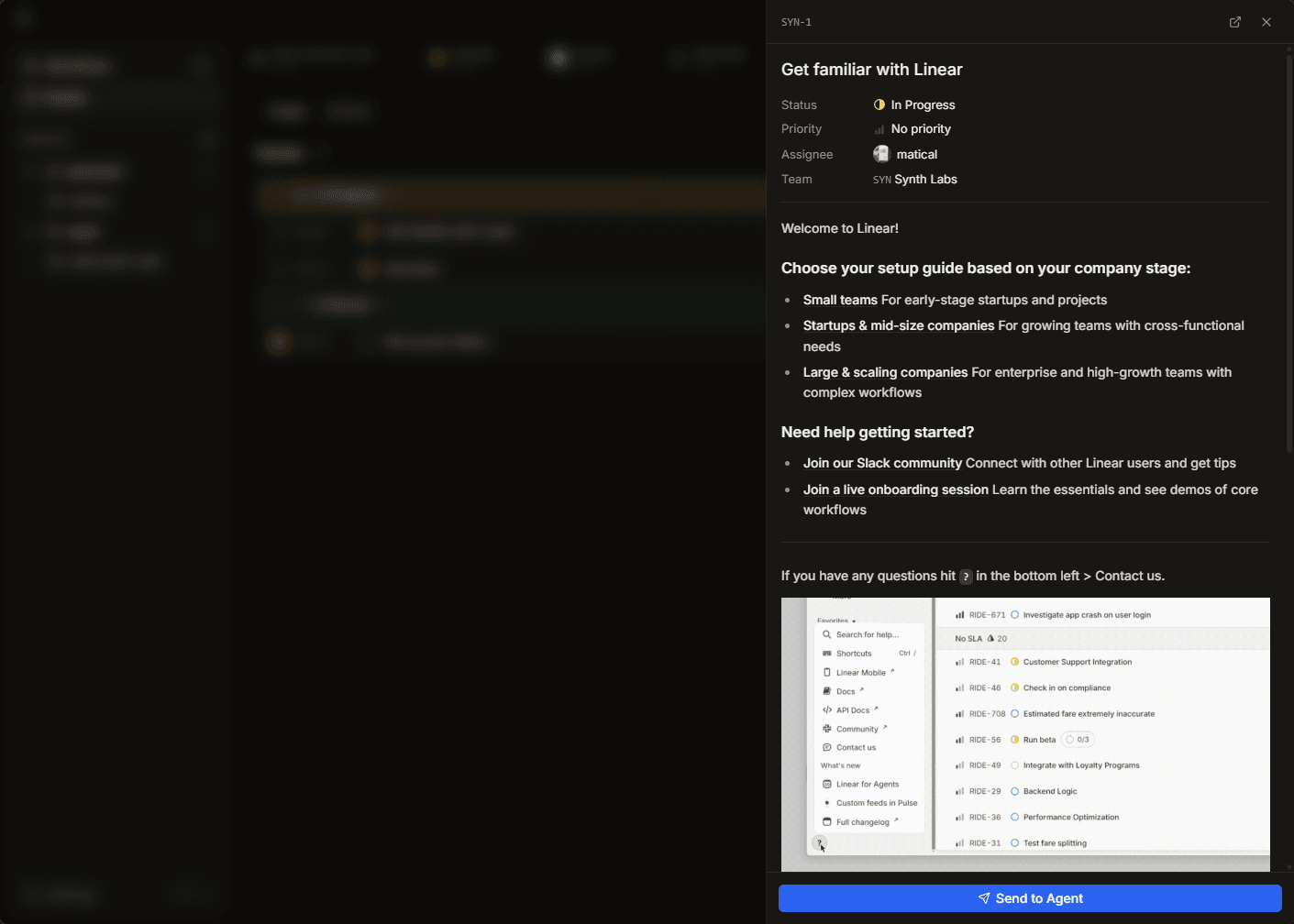 Warden with a Linear issue panel showing status, priority, assignee, and team beside the running session.