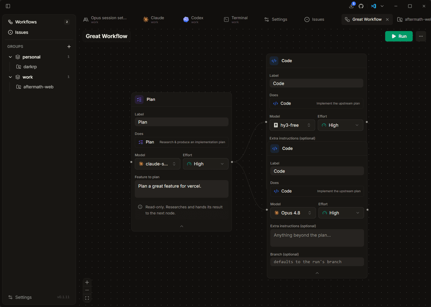 Warden node-based workflow editor chaining plan and code steps, each with its own model and reasoning effort.