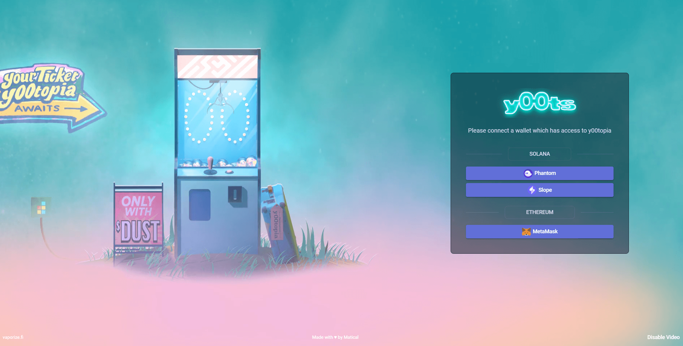 y00topia wallet connect modal offering Phantom and Slope on Solana alongside MetaMask on Ethereum.