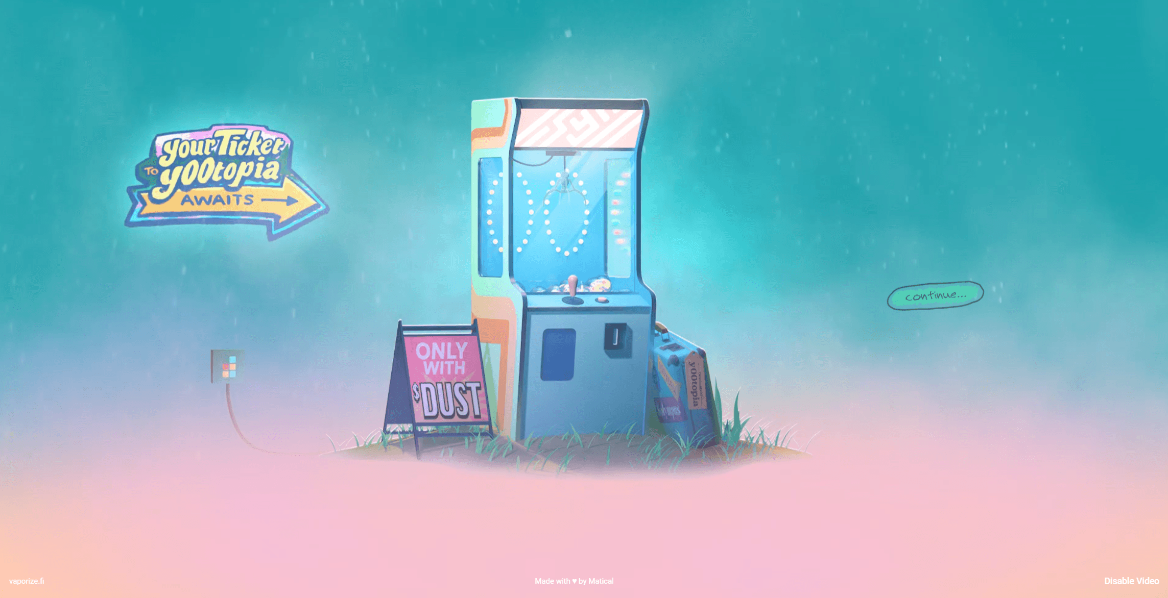 y00topia landing scene: an illustrated claw machine in a pastel field with a continue prompt.