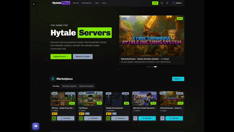 Hytale Plaza — marketplace and server hub for the Hytale community with plugin listings and creator tools.